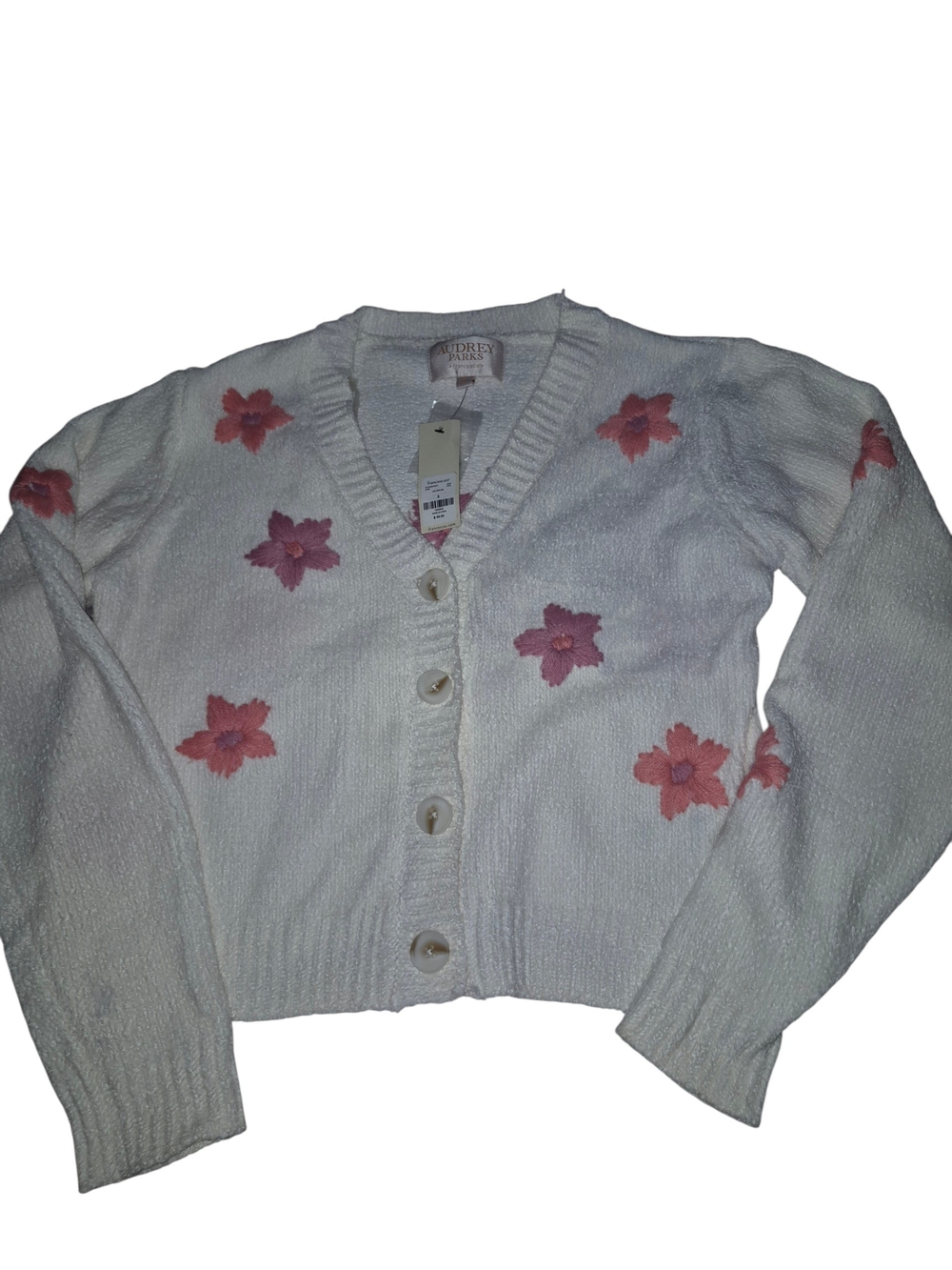 Francesca's Collections Cream Cardigan with Pink Floral Embroidery